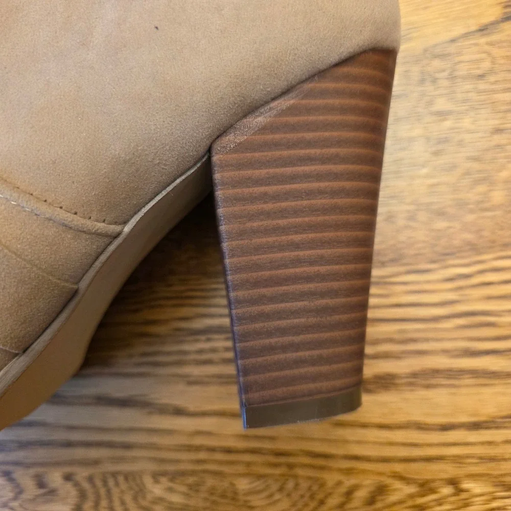 Taupe Sz 10 Faux Suede Over The Knee Thigh HIgh Strappy Stacked Heel‎ Boots